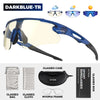 A pair of blue sports sunglasses with a clear lens and black frame are shown alongside accessories like a case, cloth, and my