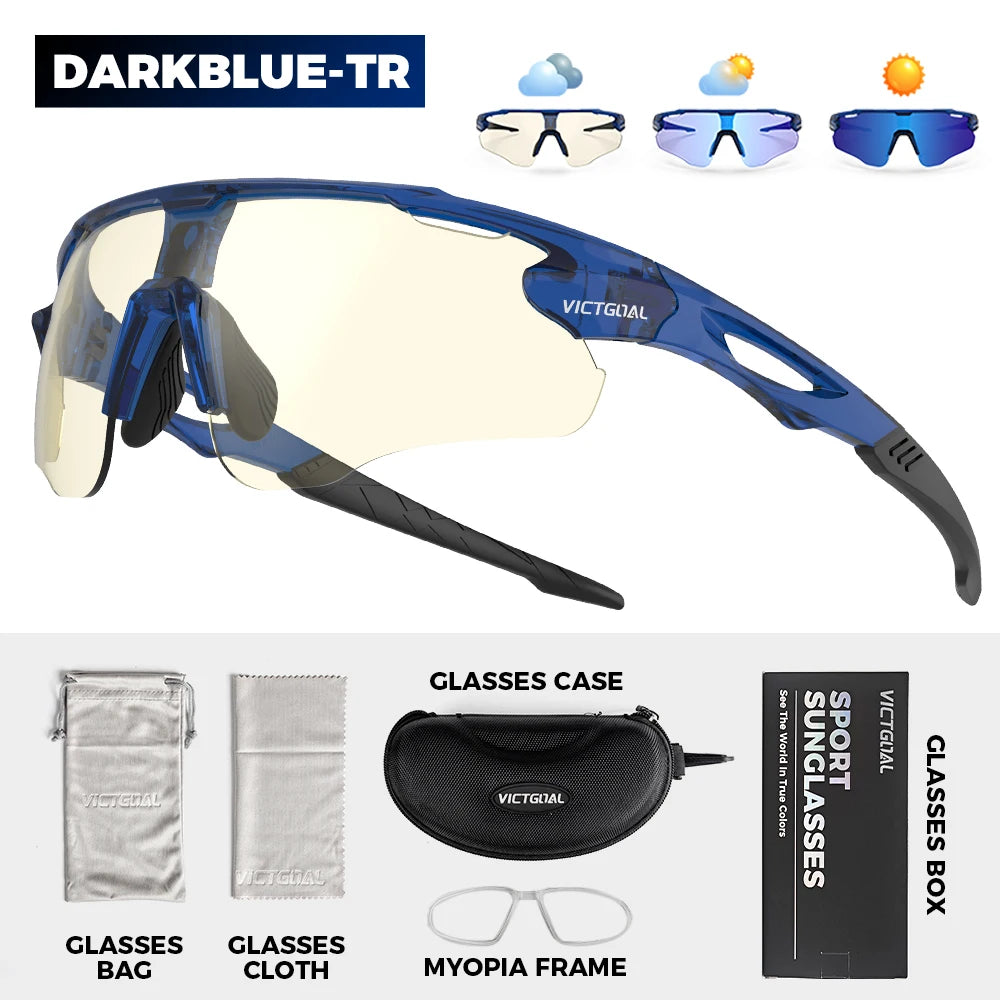 A pair of blue sports sunglasses with a clear lens and black frame are shown alongside accessories like a case, cloth, and my