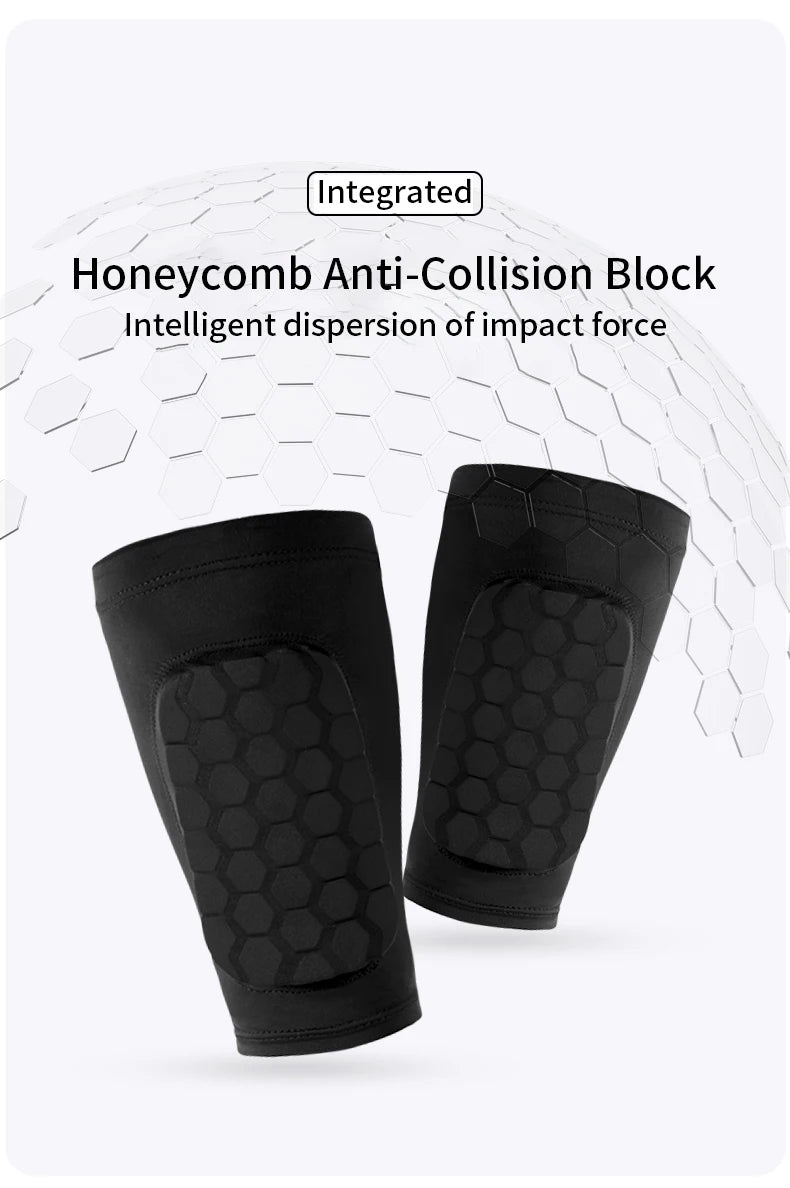 Black honeycomb anti-collision shin guards shown against a white background.