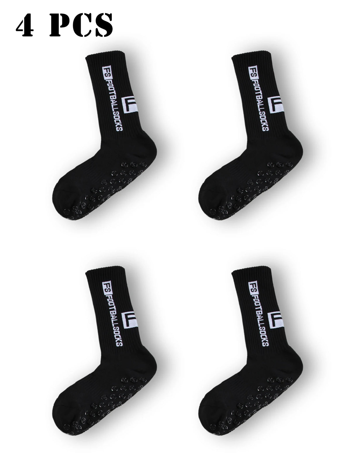 Four pairs of black men's athletic soccer socks with anti-slip grip