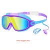 Purple swim goggles with a white strap and earplugs shown against a white background.