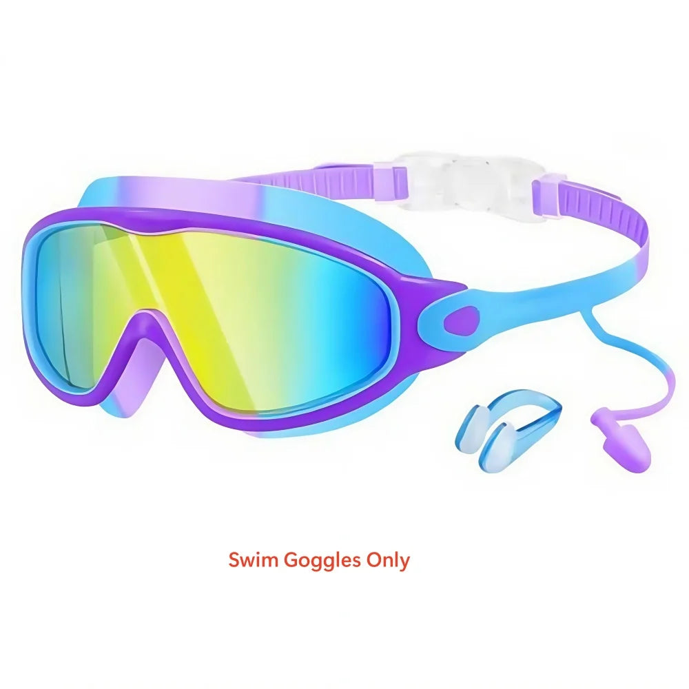 Purple swim goggles with a white strap and earplugs shown against a white background.