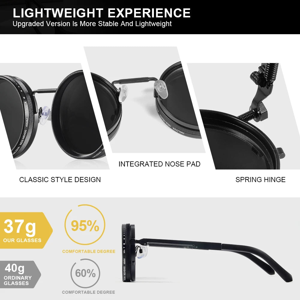 Lunettes de soleil noires polarisées, design léger, style classique et charnière à ressort.