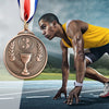 A bronze sports achievement medal hanging from a ribbon, set against a blurred background of a runner on a track.
