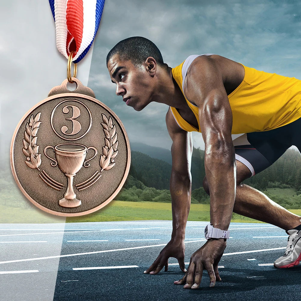 A bronze sports achievement medal hanging from a ribbon, set against a blurred background of a runner on a track.