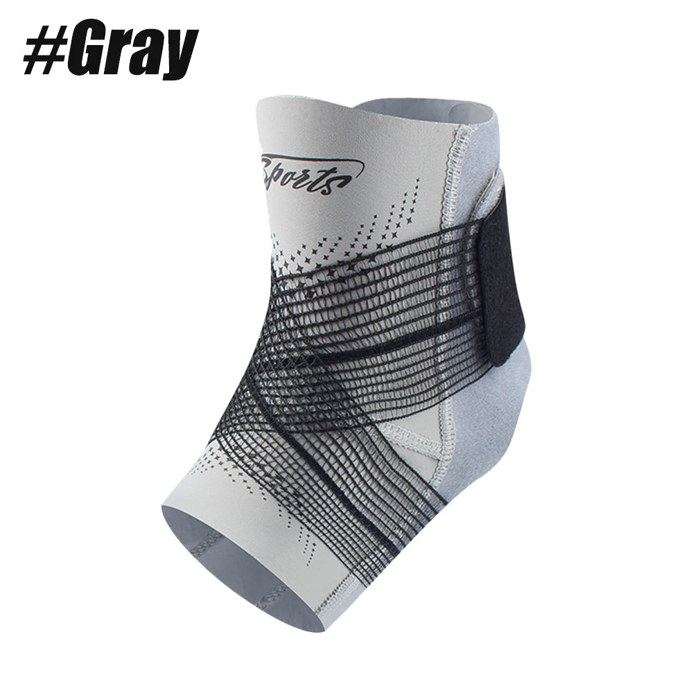 Gray ankle support compression brace worn on the lower leg.
