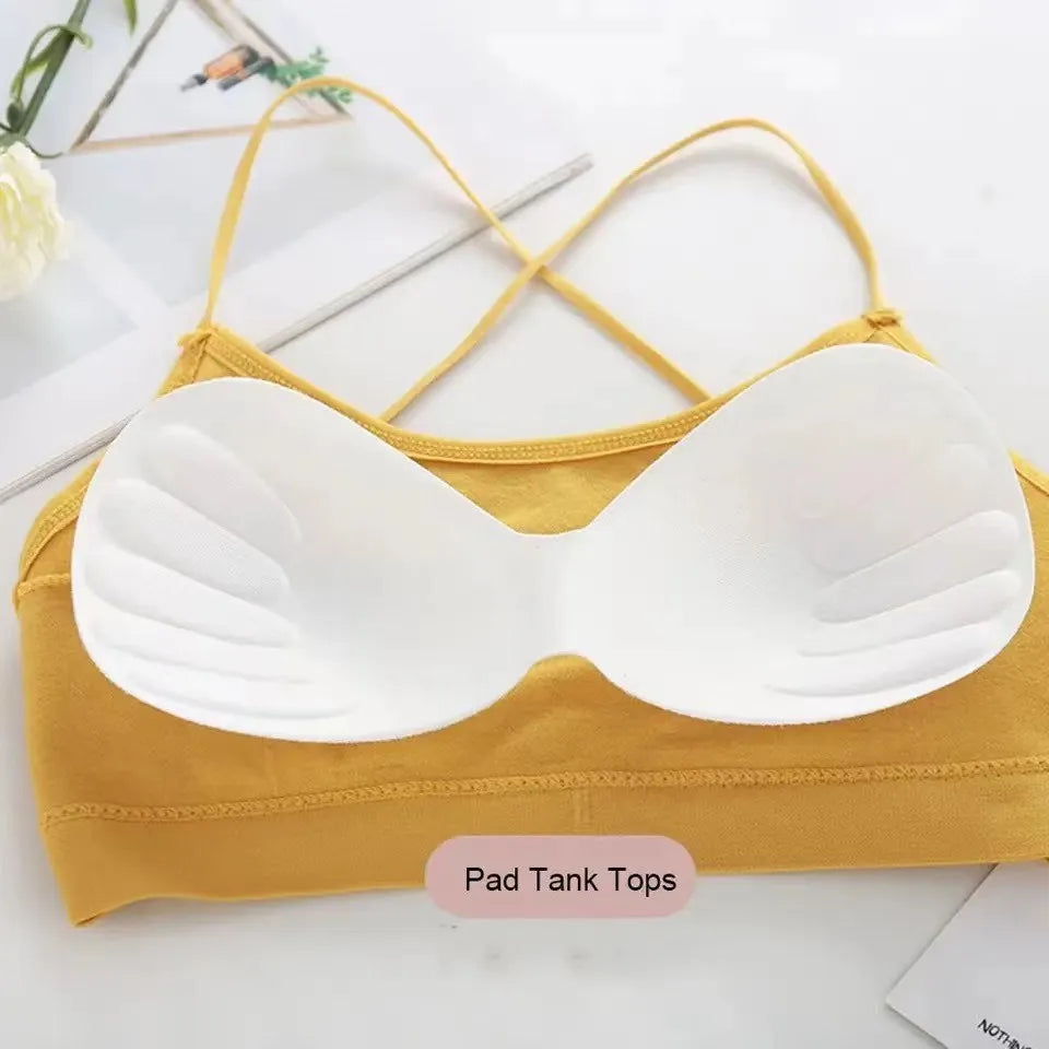 Yellow pad tank top sports bra with white padded cups and thin straps