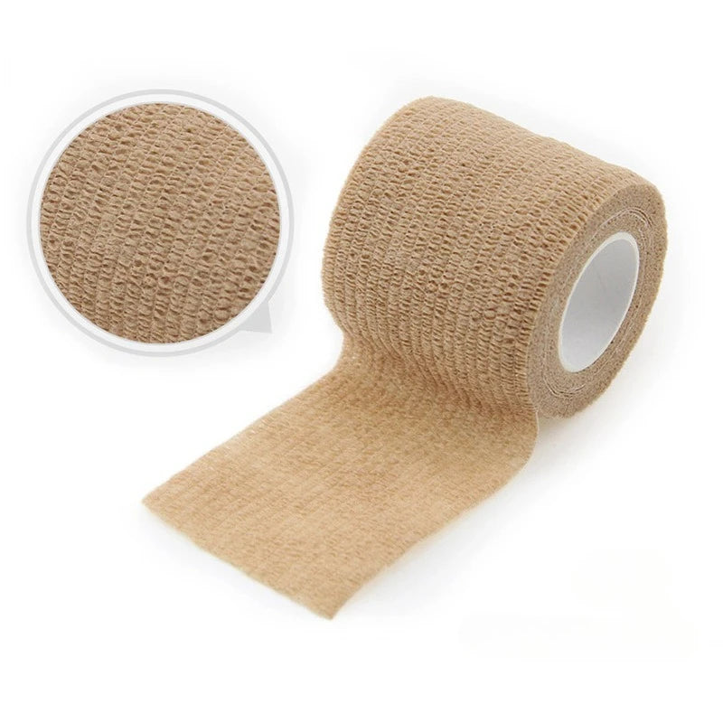 Roll of beige self-adhesive elastic bandage tape with a circular cut-out shown next to the roll.