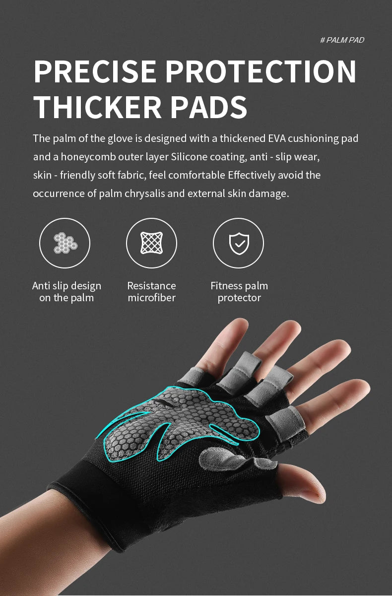 Eine Hand trägt einen schwarzen Handschuh mit einer strukturierten Silikonpolsterung auf der Handfläche für präzise Schutz.