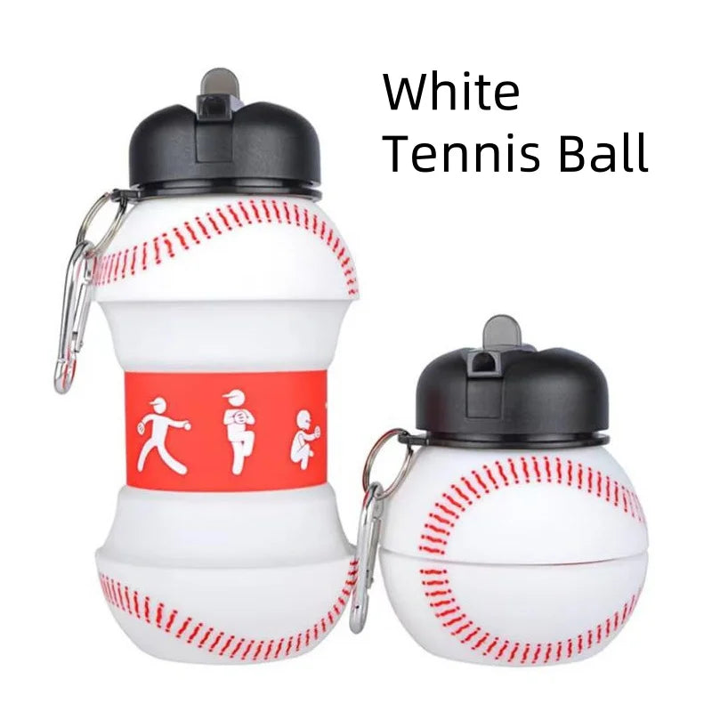White tennis ball shaped leakproof silicone sports water bottle with black cap