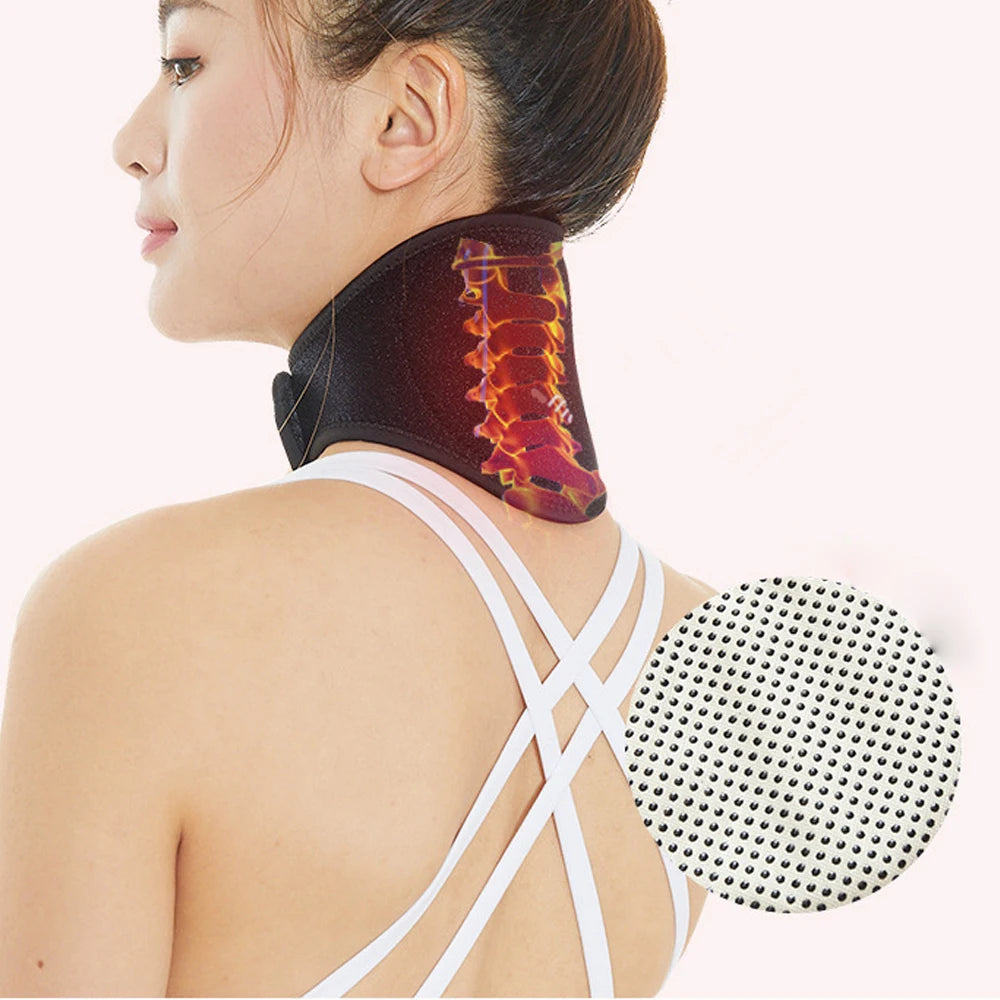 A woman wearing a self-heating neck support brace on her neck and upper back.