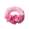 Pink satin heatless curling rod headband with ruffled fabric