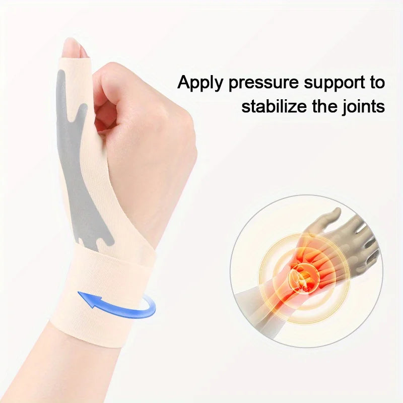 Hand applying pressure support to a wrist guard for joint stabilization.