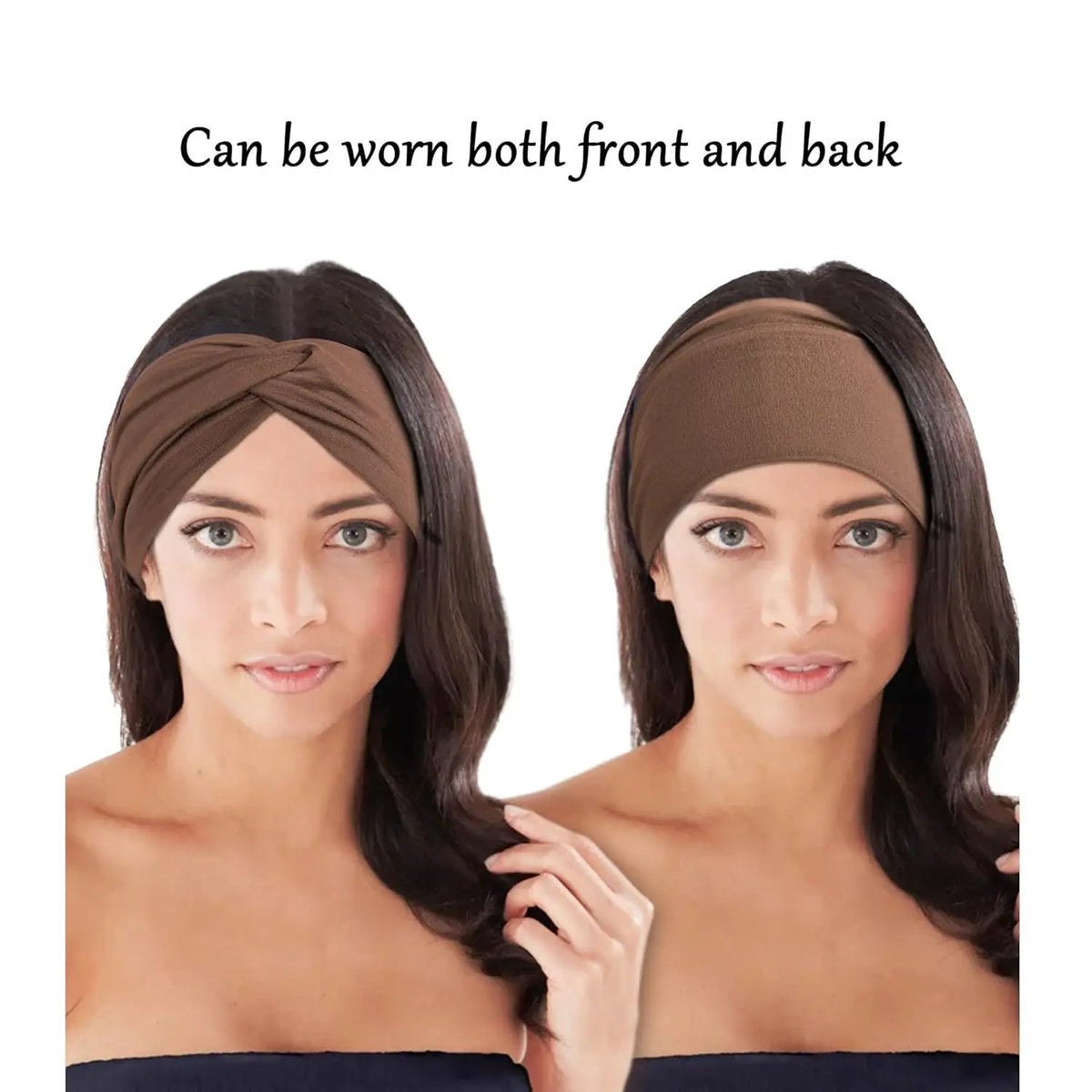 A woman models a brown stretch sport headband worn on her head, demonstrating it can be worn both front and back.