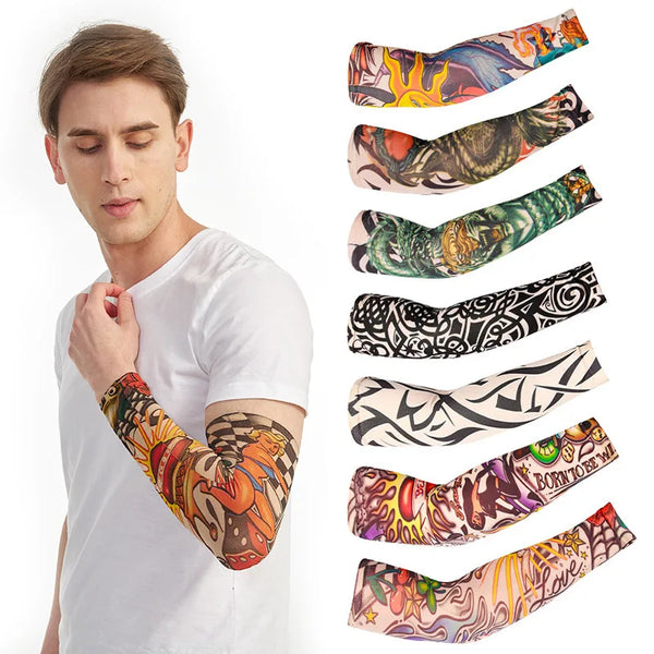 A man models several seamless sun protection tattoo sleeves in various designs on his arm.