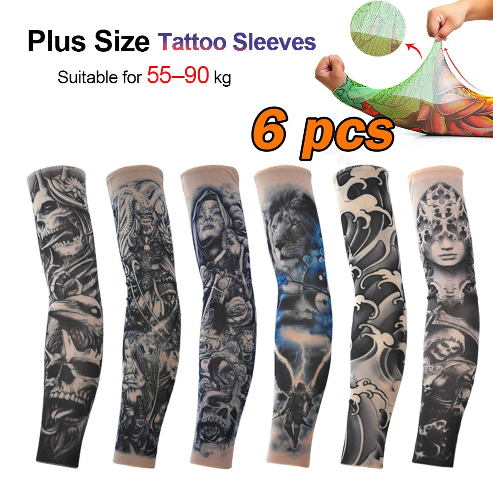 Six packs of plus size tattoo sleeves suitable for 55-90 kg shown in various designs
