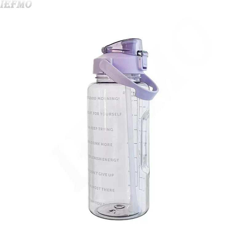 Klare Plastikwasserflasche mit lila Verschluss und Zeitmarkierungen, für langlebige Hydration.