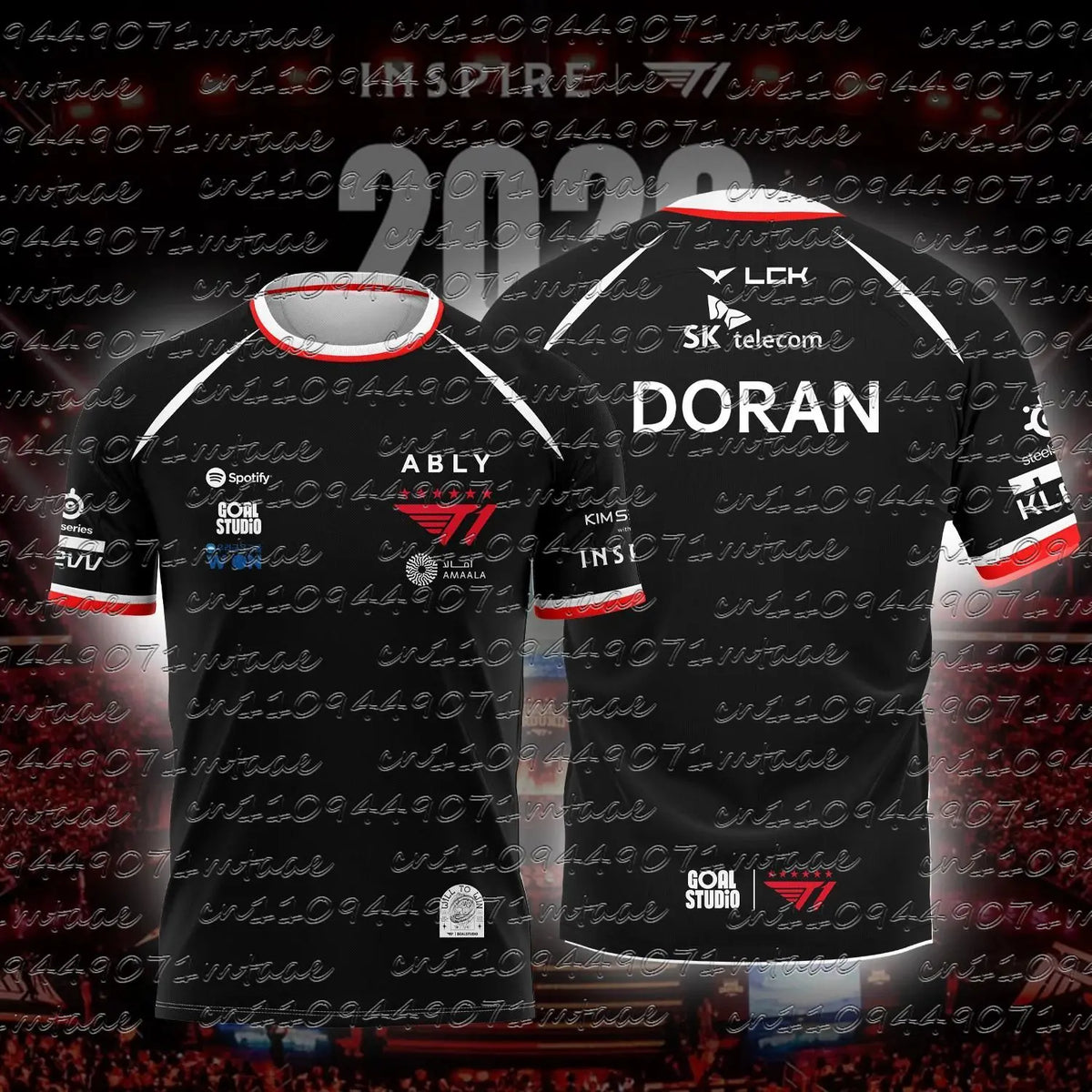 A dark esports team jersey with red accents displayed on a model.