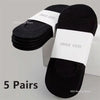Five pairs of black invisible silicone no-show boat socks displayed on a white background.
