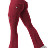 A model is wearing high-waisted maroon fitness pants with cargo pockets and a matching gray athletic shoe.