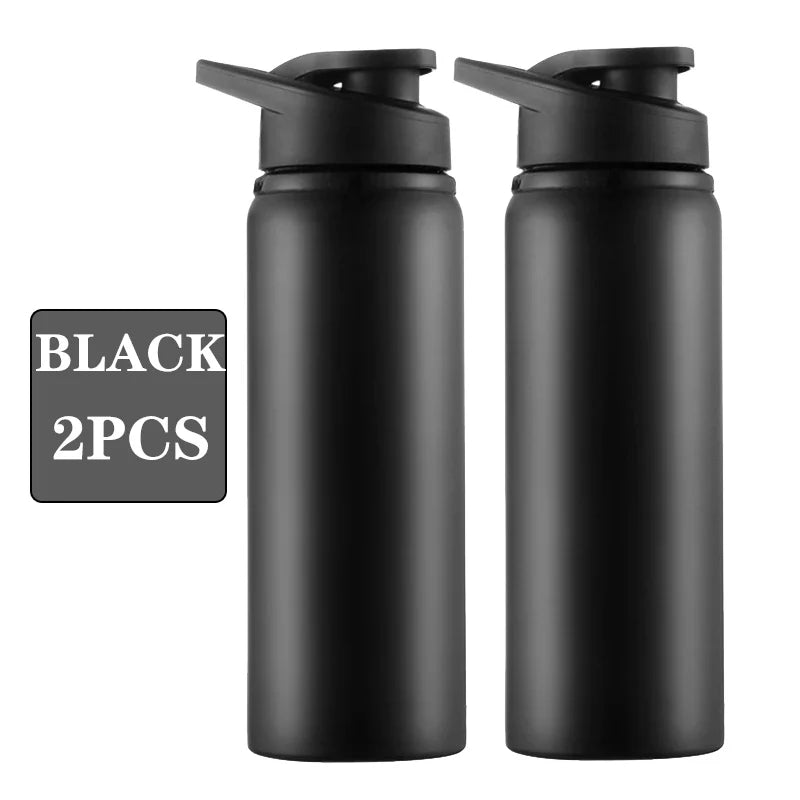 Two black leakproof aluminum portable water bottles with black caps.
