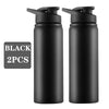 Two black leakproof portable aluminum water bottles with black caps.