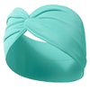 Light turquoise fabric yoga headband tied in a bow