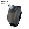 A dark gray silicone hydration bottle with a mouthpiece and a black strap is shown.