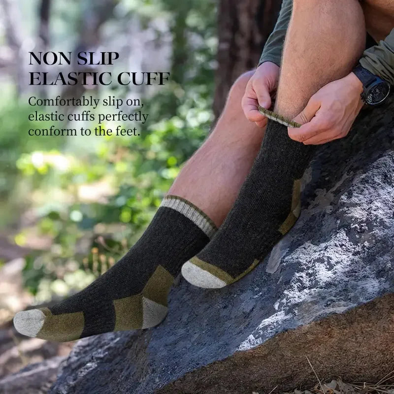 Close-up of a person wearing non-slip elastic cuff hiking socks on their foot and leg.