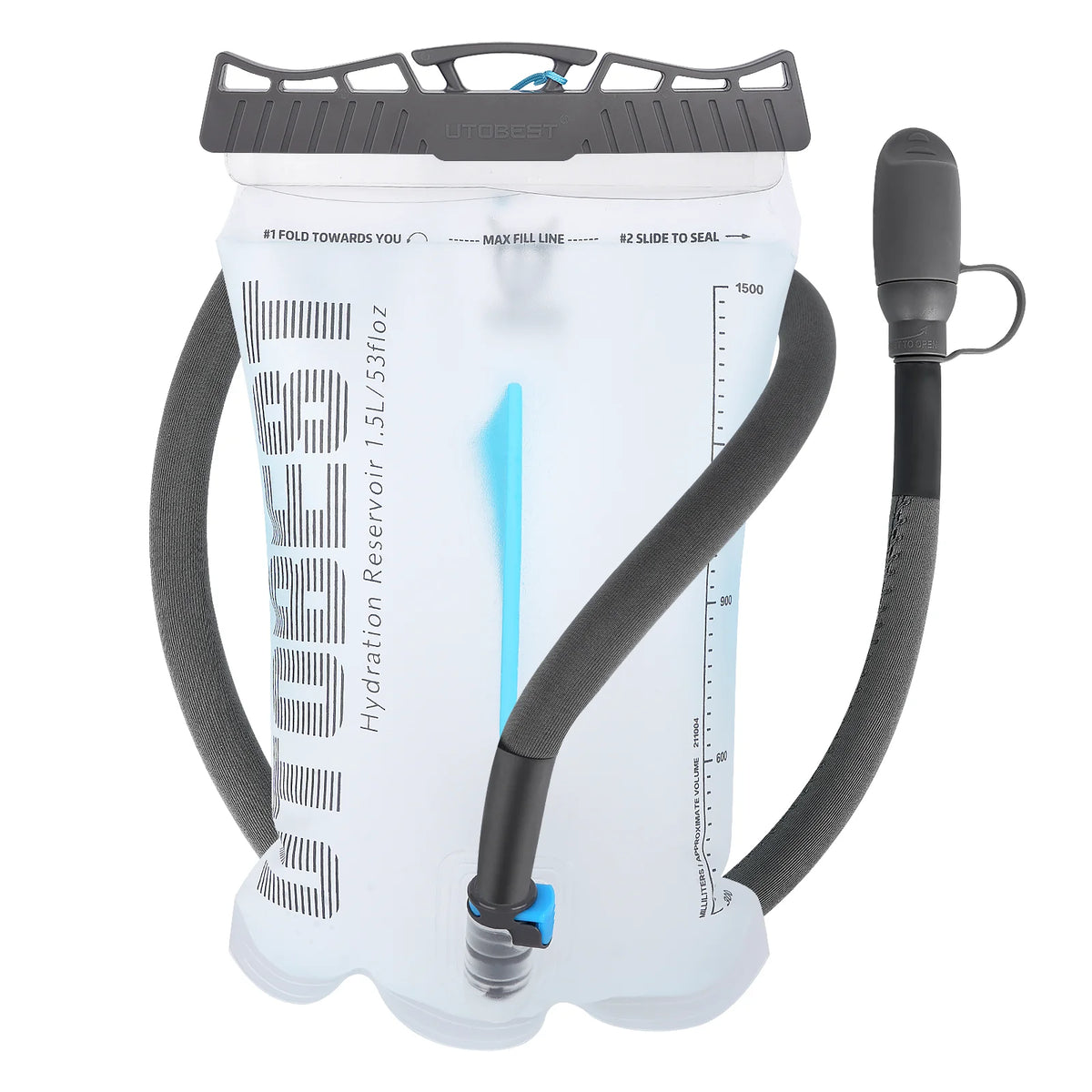 A white durable TPU water bladder with a gray strap and blue accents, designed for hydration.