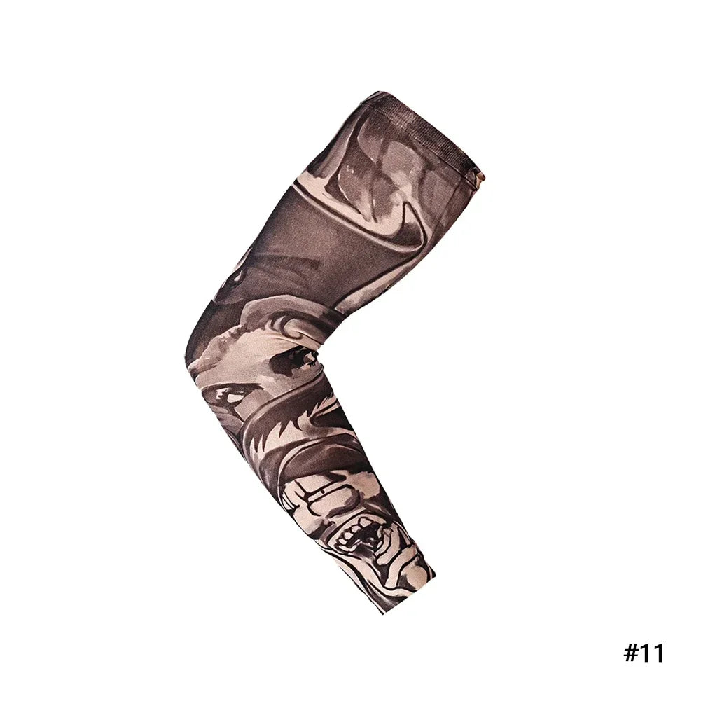 A close-up of a black and gray reusable stretch tattoo arm sleeve worn on an arm.