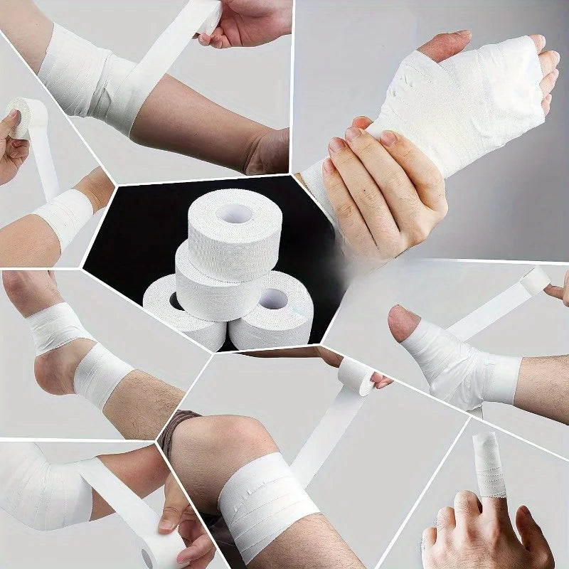 Close-up images showing various applications of white sports tape on hands and limbs for athletic support.