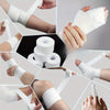 Close-up images showing various applications of white sports tape on hands and limbs for athletic support.