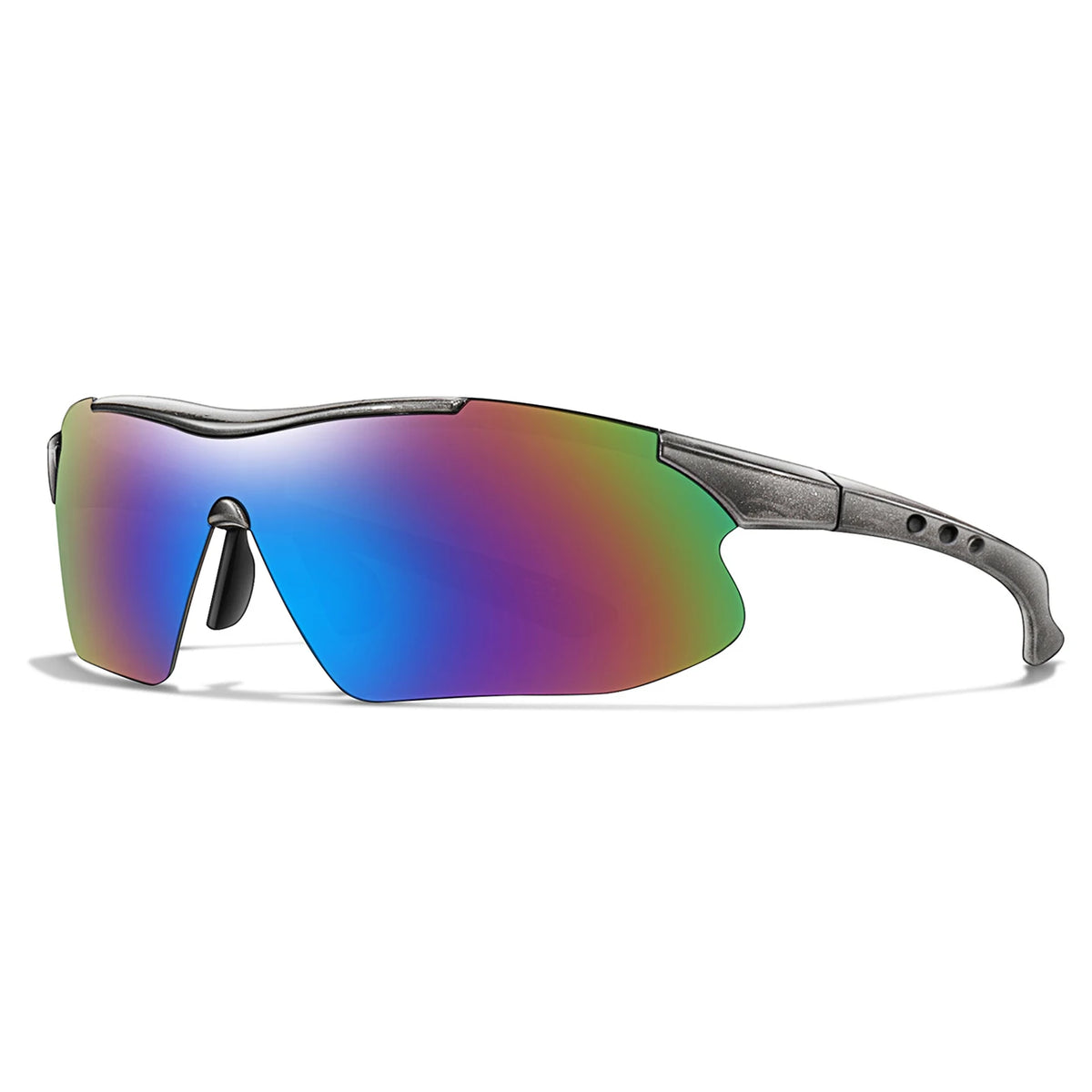 Lunettes de soleil sportives avec des verres multifonctionnels miroir et une monture argentée.