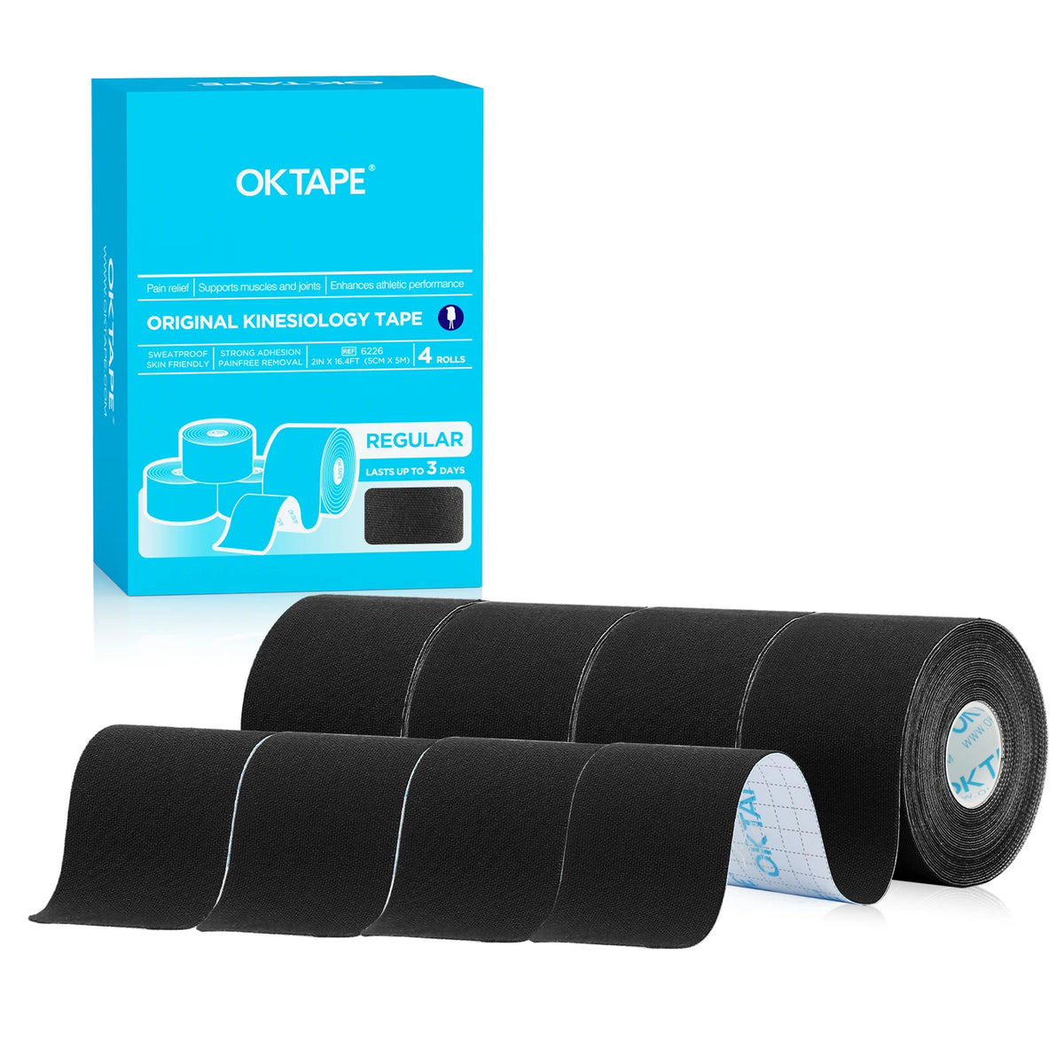 Box and rolls of black OKTAPE kinesiology tape for muscle support and athletic performance