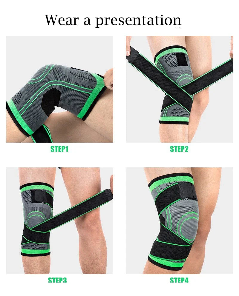 Four steps demonstrating how to wear adjustable sports knee pads for pain relief