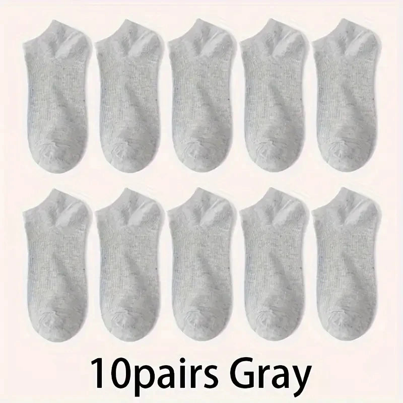 Ten pairs of gray comfort fit ankle socks laid out in a row.