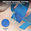 A hand applies blue breathable fabric kinesiology tape to a person's shoulder area.