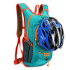 A teal outdoor backpack with orange accents and a blue cycling helmet is shown.