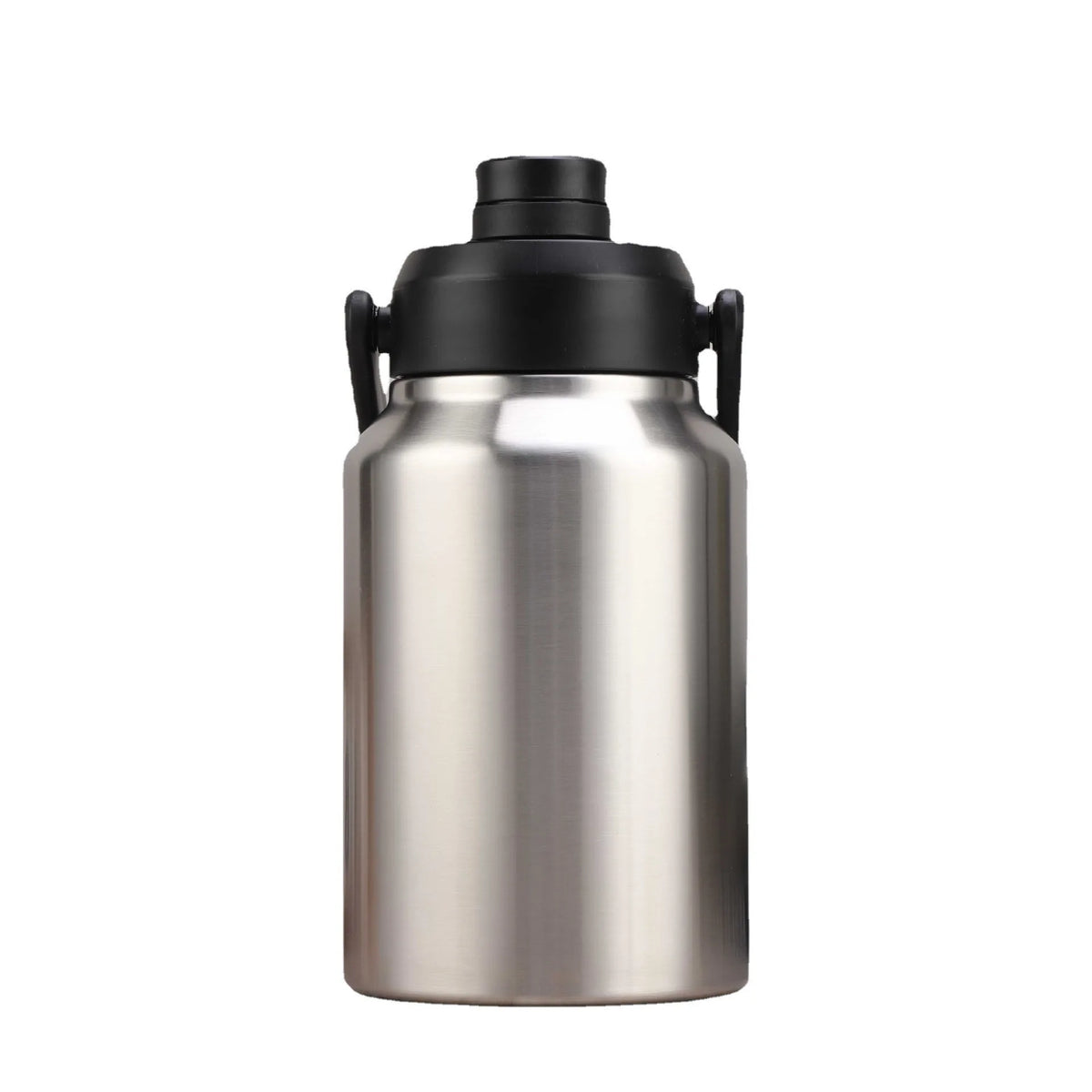 A silver insulated stainless steel thermos flask with a black lid and handles.