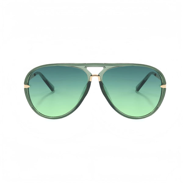 Olive green aviator sunglasses with gold accents and UV400 protection