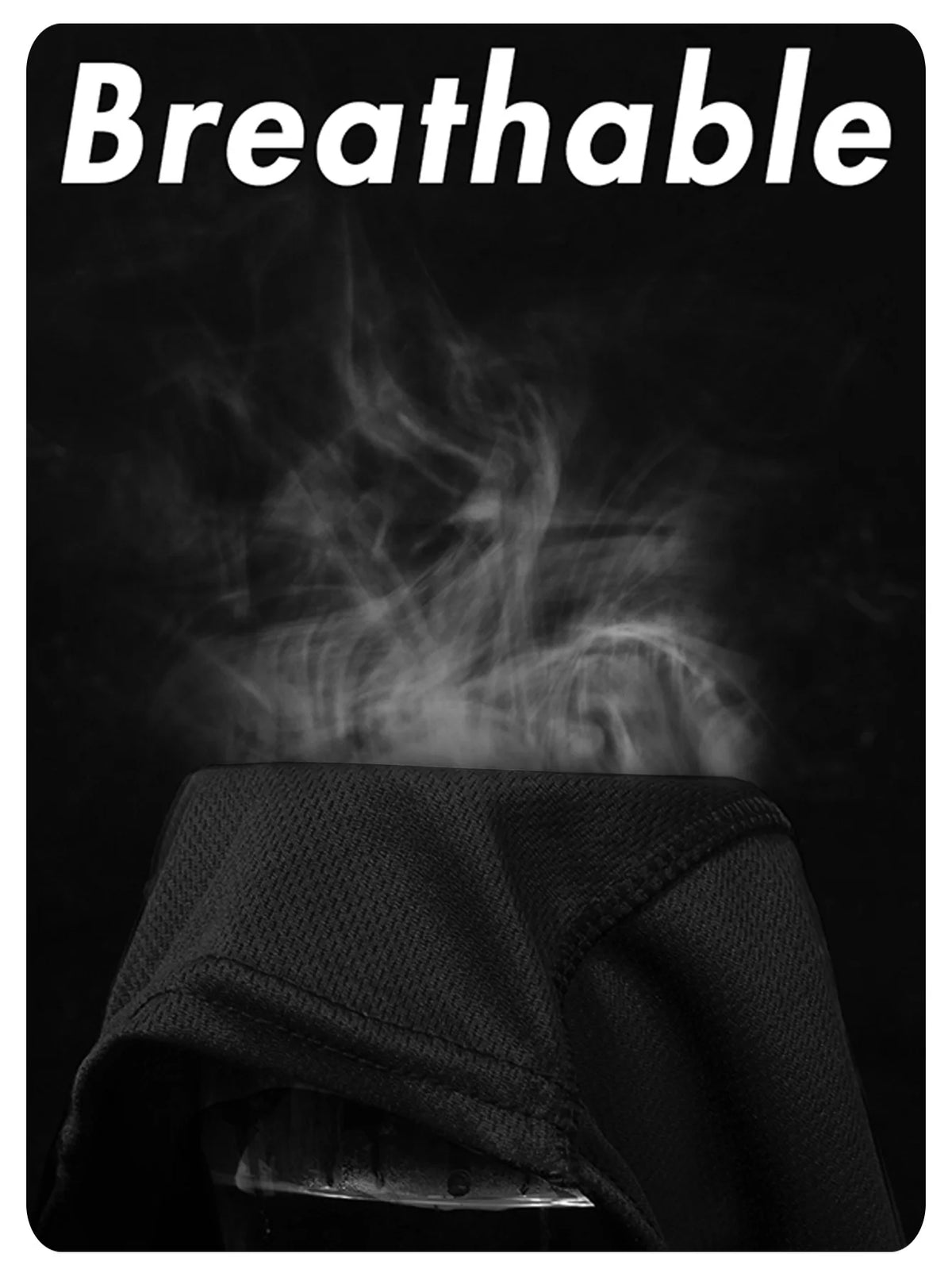 A black mesh balaclava face mask is shown with visible steam or vapor rising from it against a dark background.