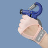 A hand wearing a pink half-finger sports glove with a blue weight lifting tool attached.