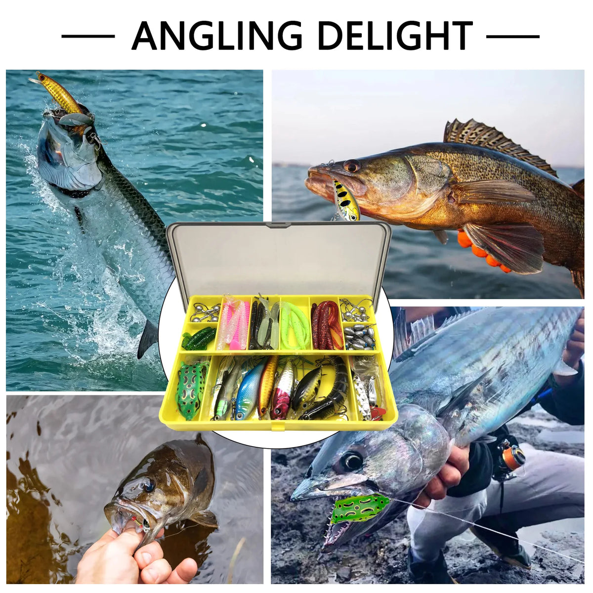An angling delight kit showing various fishing lures including spoons, jigs, and bait on a wooden box.
