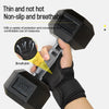 A hand is holding a black wrist wrap and a weight plate, demonstrating the thin, non-slip, and breathable features of the wor