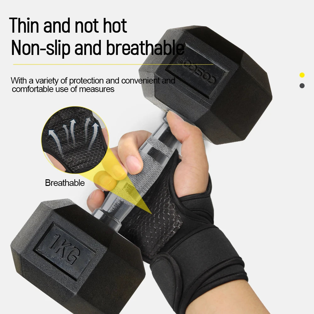 A hand is holding a black wrist wrap and a weight plate, demonstrating the thin, non-slip, and breathable features of the wor