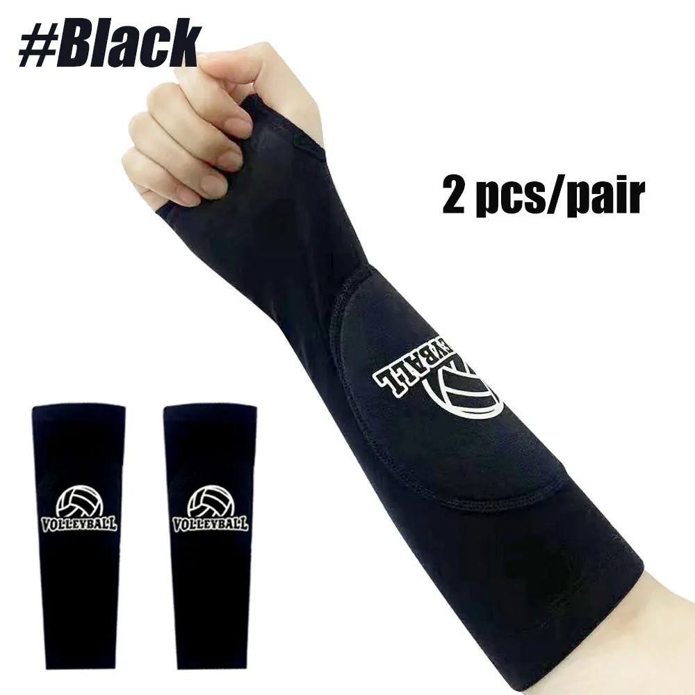 Black padded volleyball arm sleeves shown on a hand and an arm, packaged as a pair.
