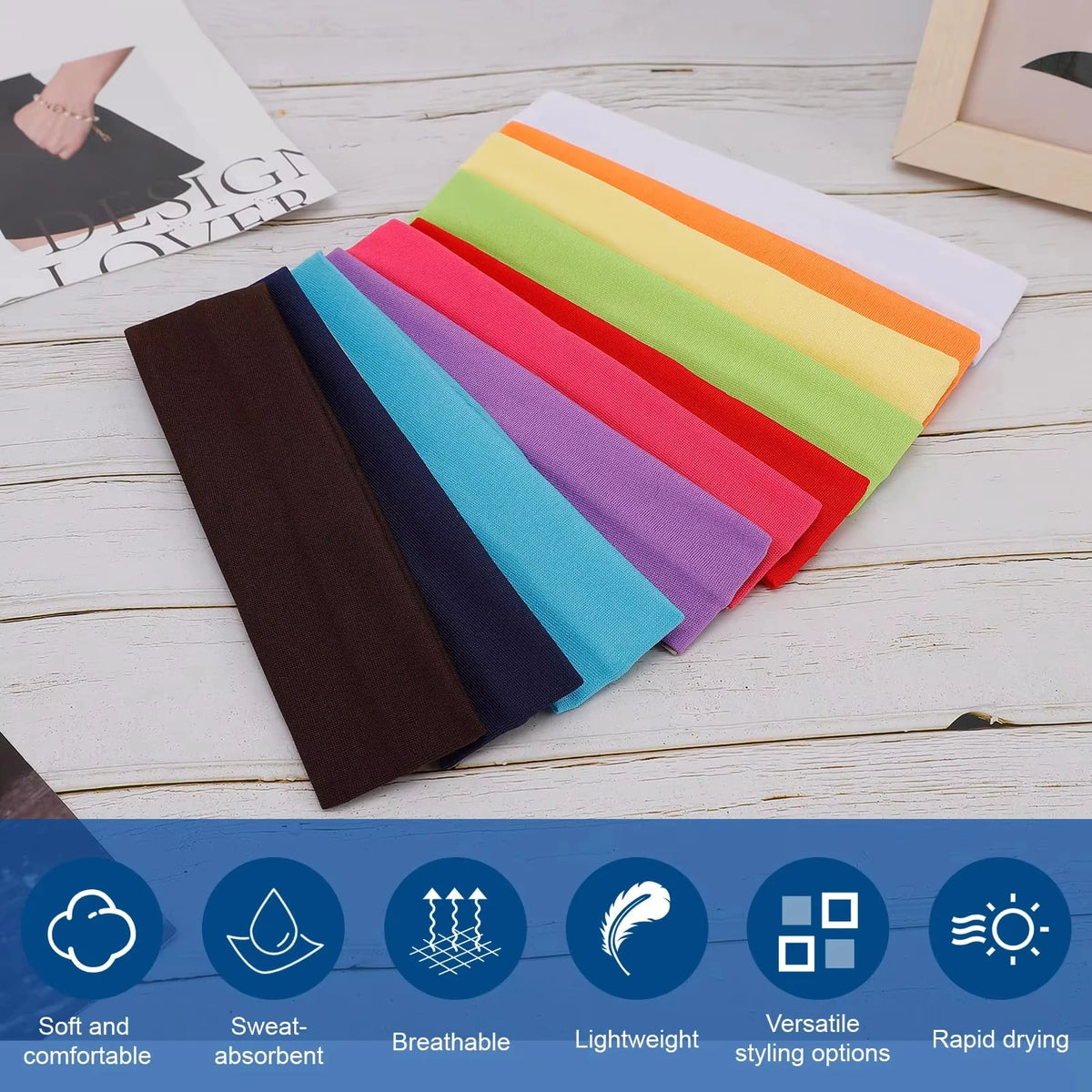 A stack of colorful anti-slip elastic headbands in various shades of pink, purple, green, and orange on a white wooden surfac