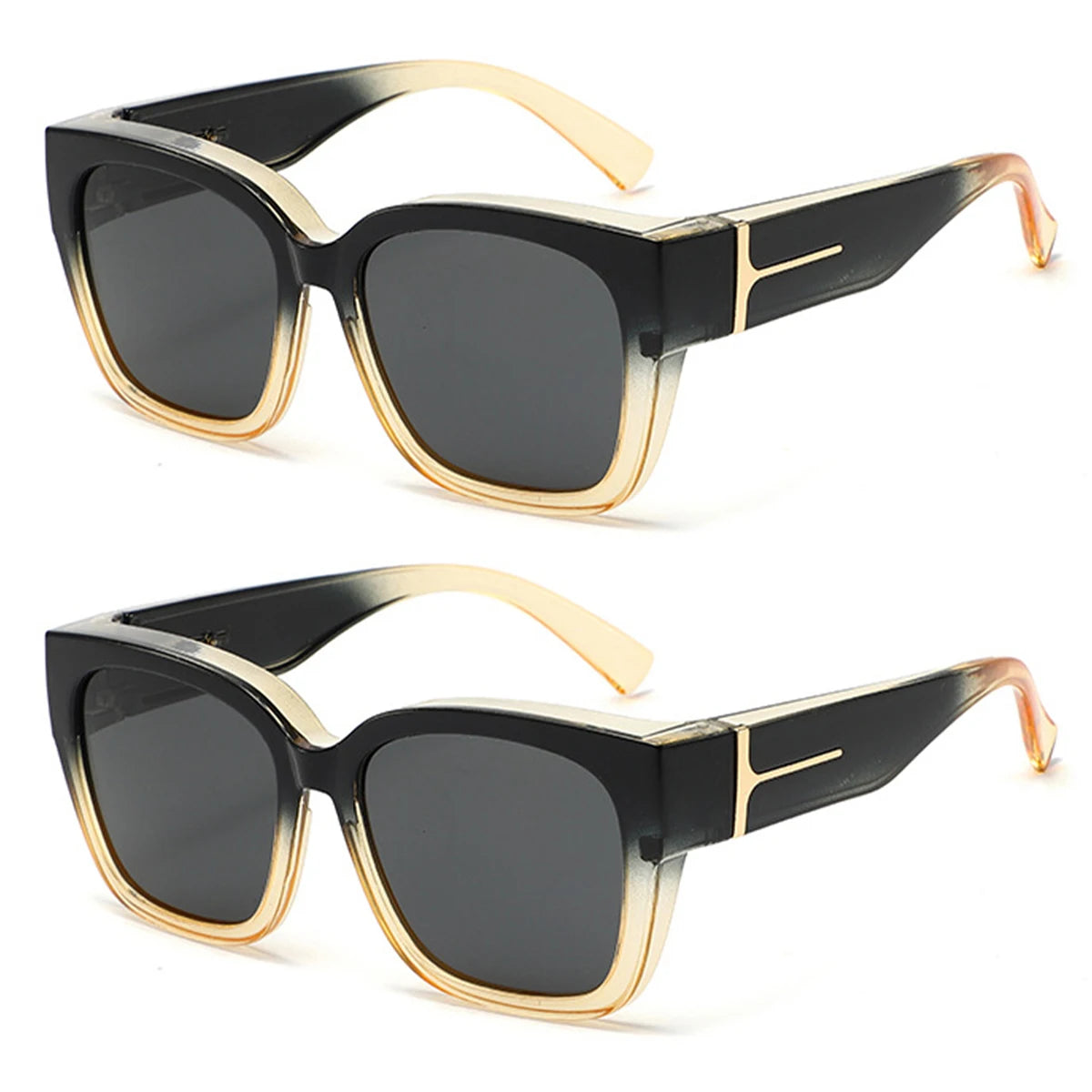 Black sunglasses with gold accents and a tortoiseshell frame shown in a studio shot.