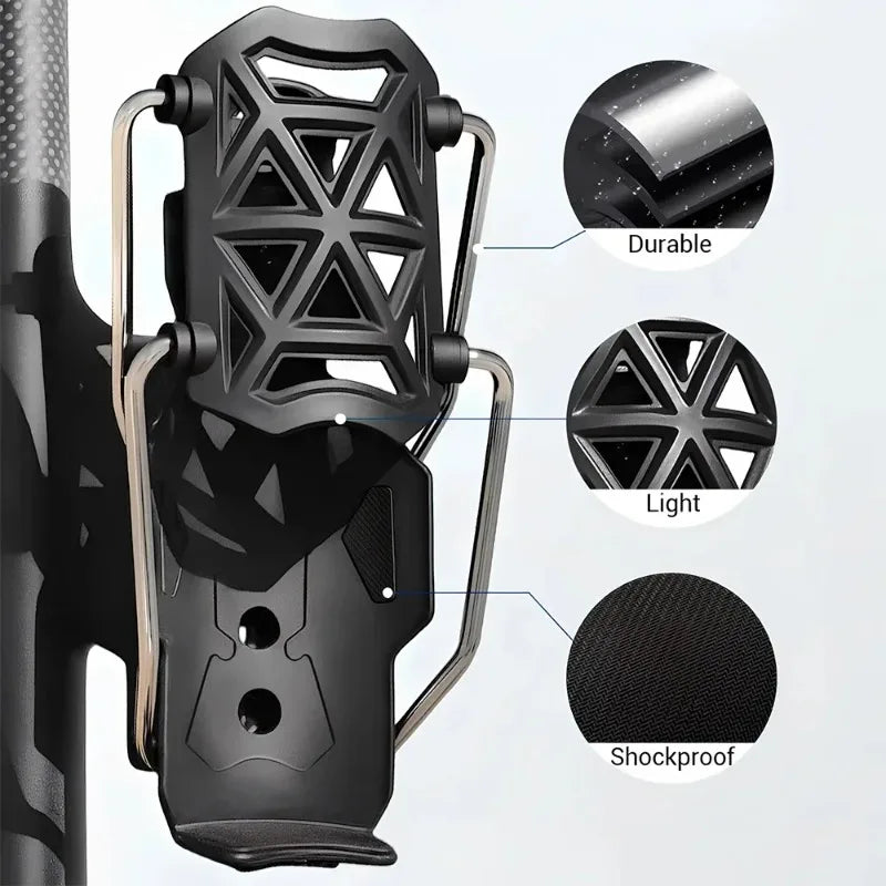 A black universal rotating cup holder designed for bikes and motorcycles, highlighting its durable, light, and shockproof fea